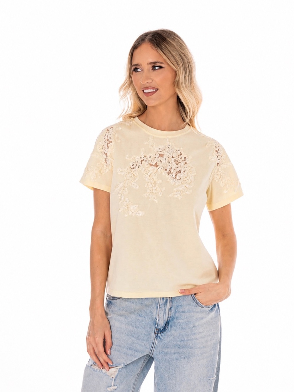 Yellow Bloom Embroidered Lace Detail Tee